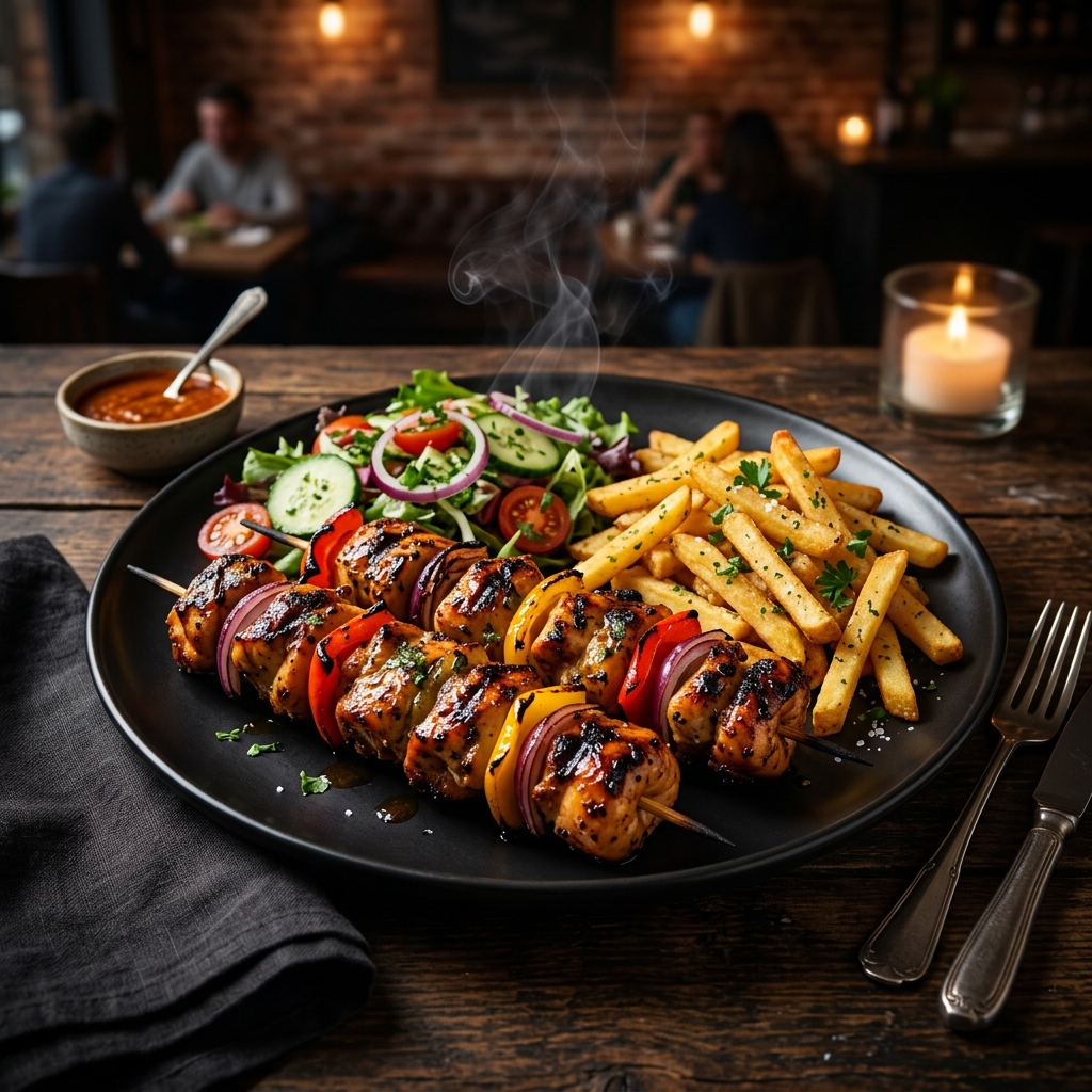 Menu brochette poulet sur assiette